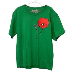 Hand Printed Upcycled Girls Medium Poppy Flower Short Sleeve Cotton Blend Tee